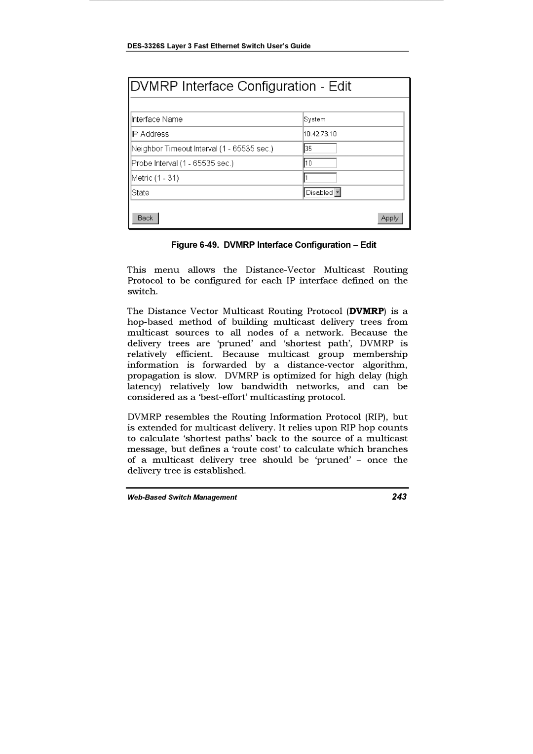 D-Link DES-3326S manual Dvmrp Interface Configuration − Edit, 243 