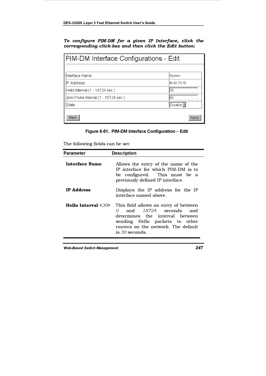 D-Link DES-3326S manual PIM-DM Interface Configuration − Edit, 247 