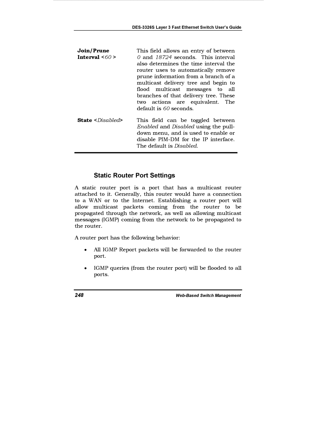D-Link DES-3326S manual Static Router Port Settings, Join/Prune, Interval, 248 