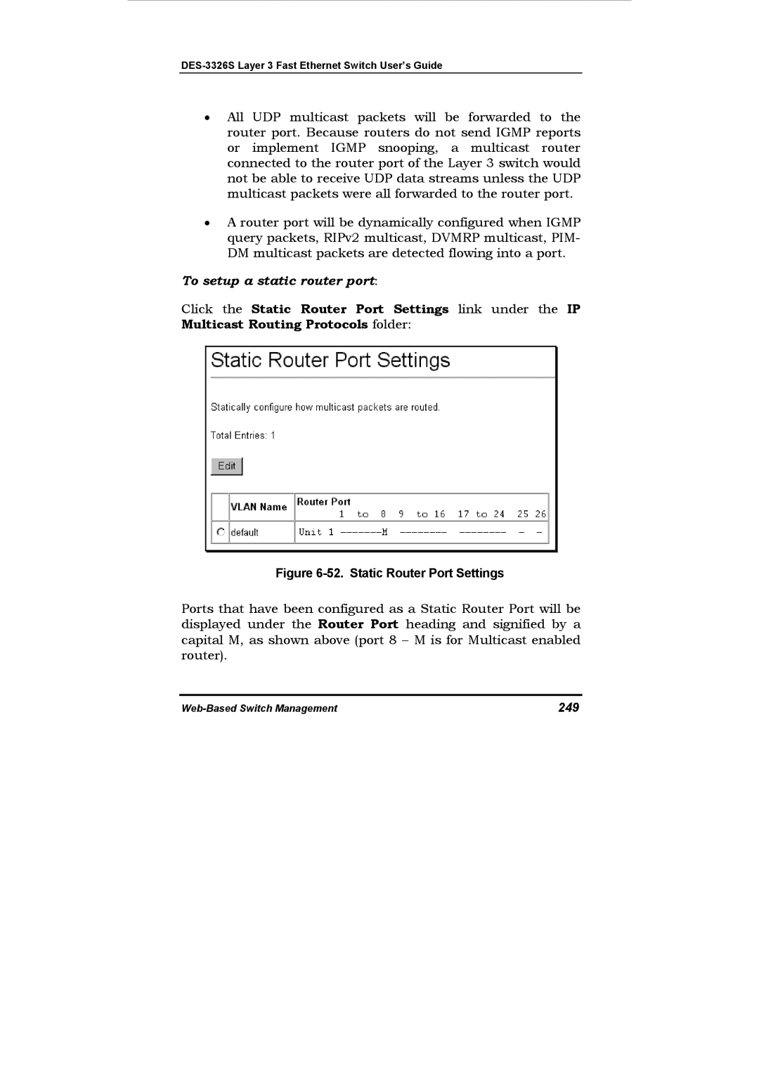 D-Link DES-3326S manual To setup a static router port, 249 