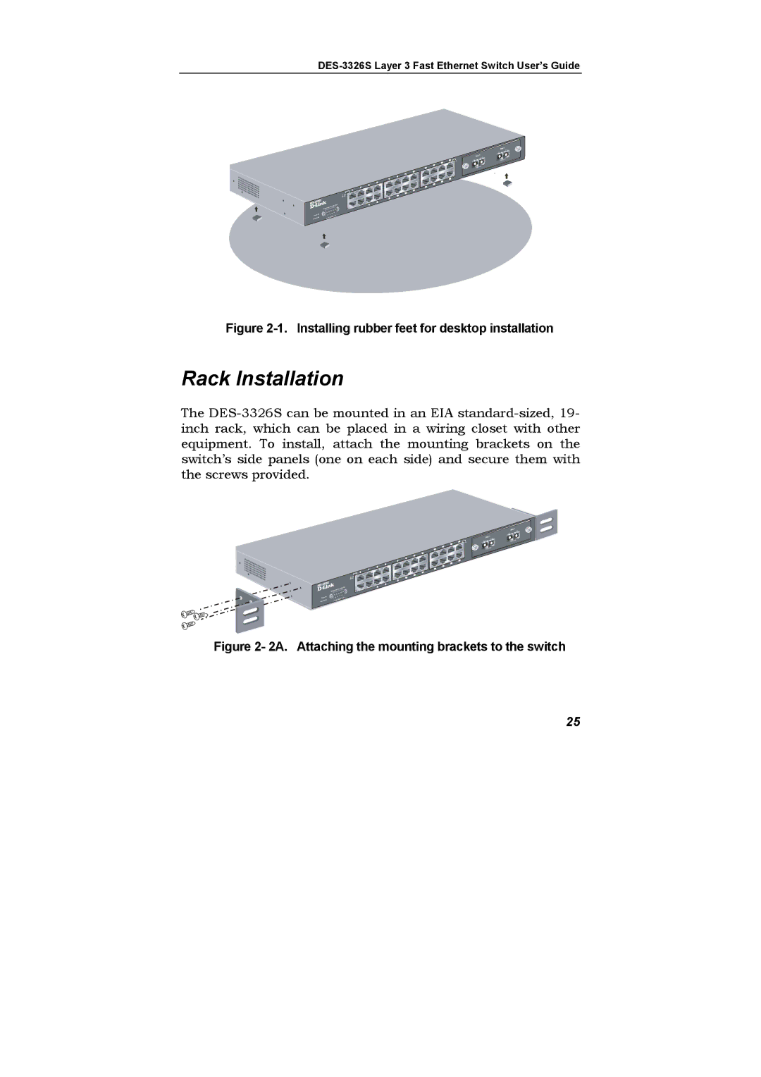 D-Link DES-3326S manual Rack Installation, Installing rubber feet for desktop installation 