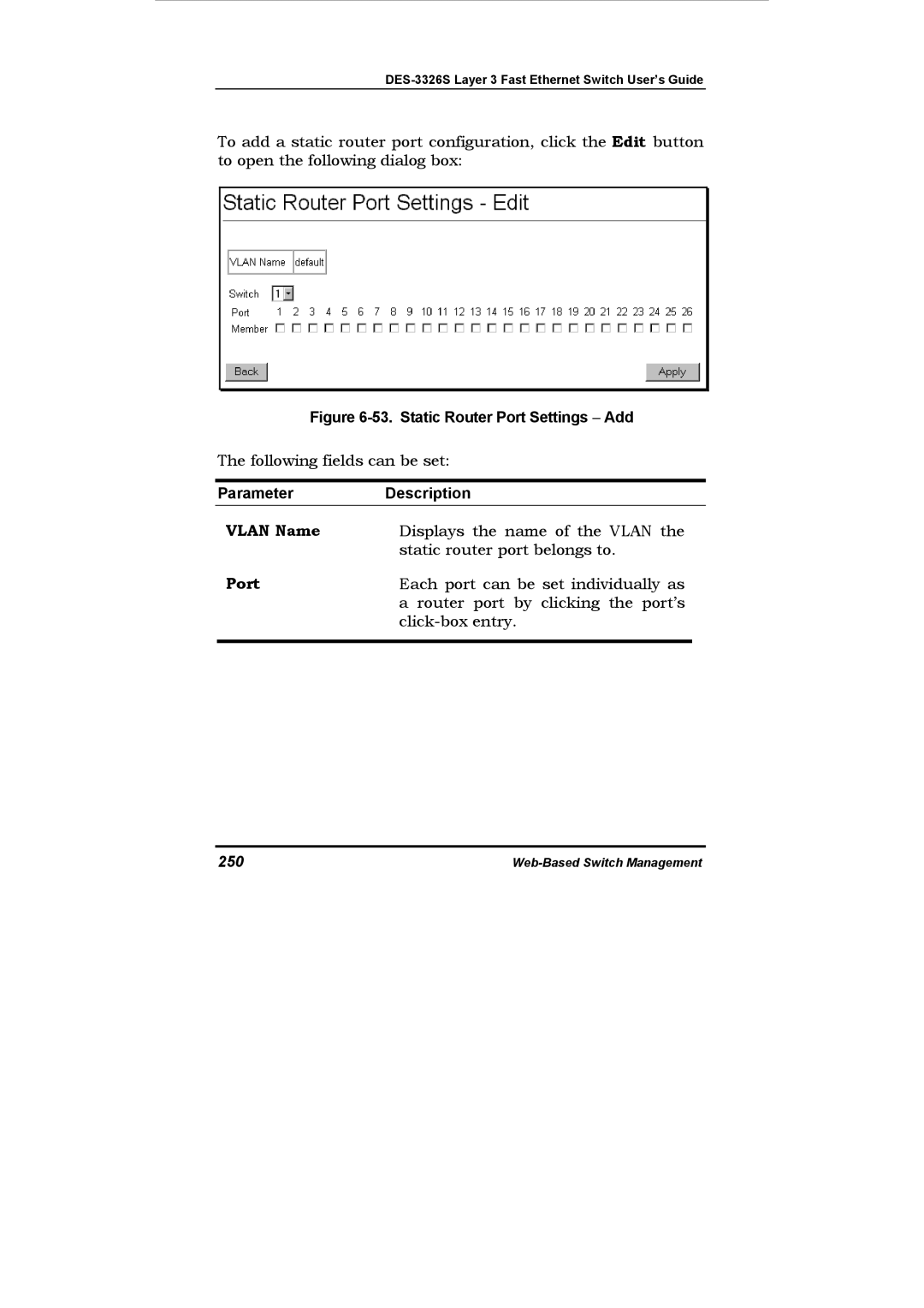 D-Link DES-3326S manual Static Router Port Settings − Add, 250 