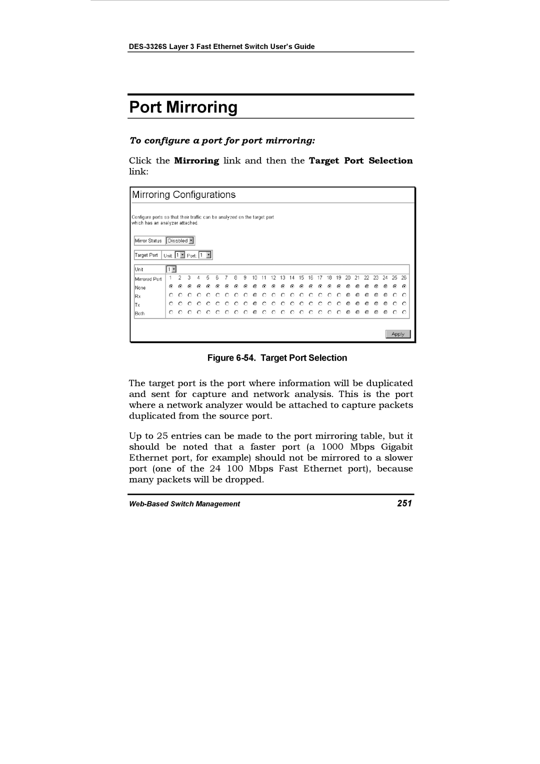 D-Link DES-3326S manual Port Mirroring, To configure a port for port mirroring, 251 