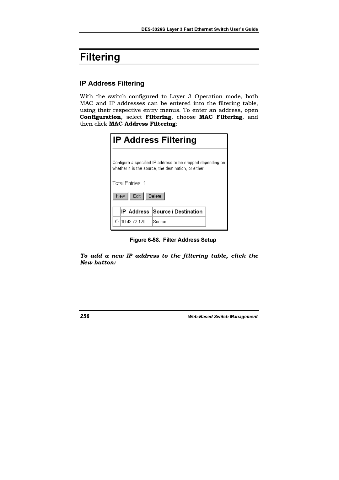 D-Link DES-3326S manual IP Address Filtering, 256 