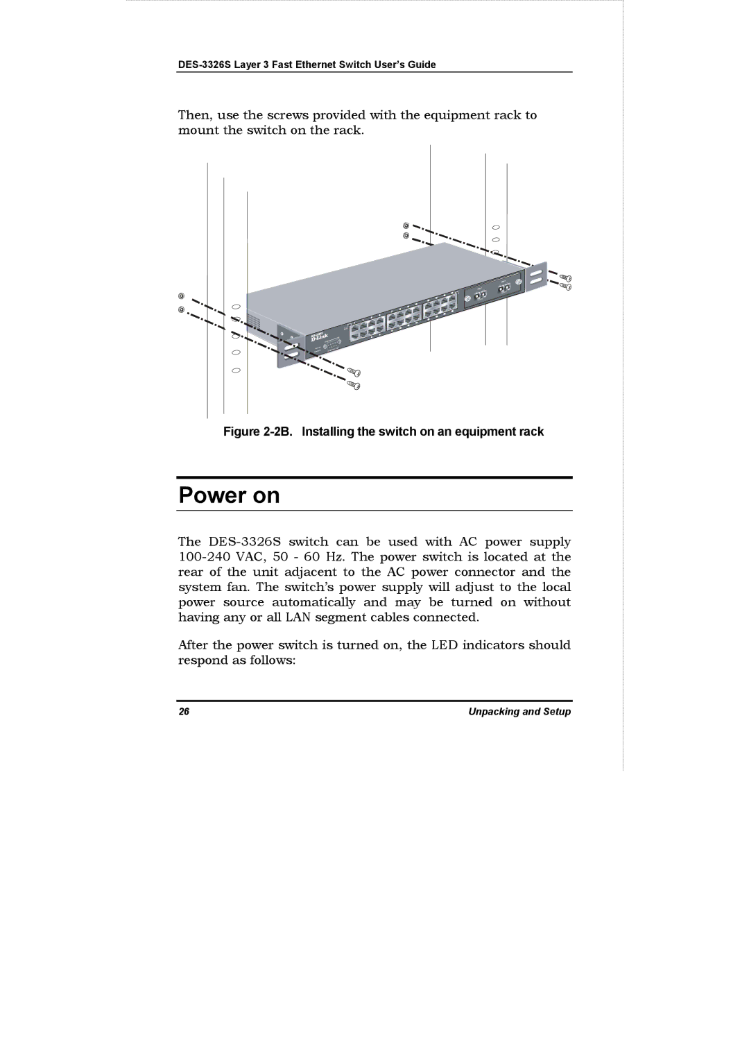 D-Link DES-3326S manual Power on, 2B. Installing the switch on an equipment rack 