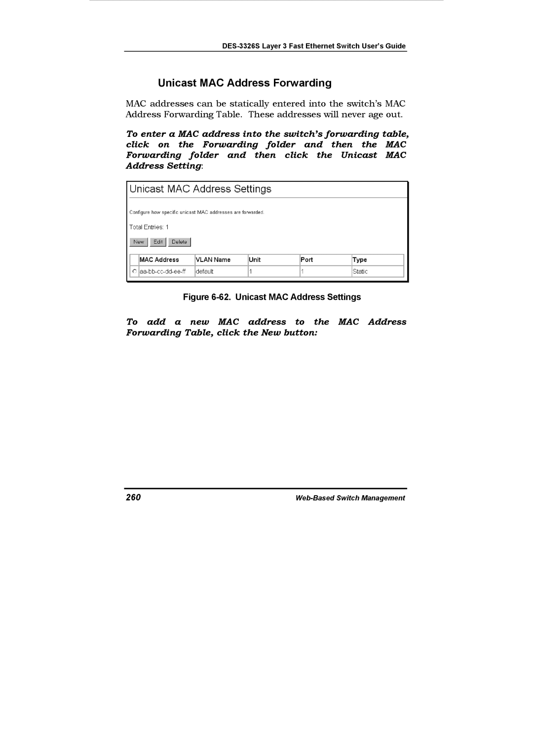 D-Link DES-3326S manual Unicast MAC Address Forwarding, 260 