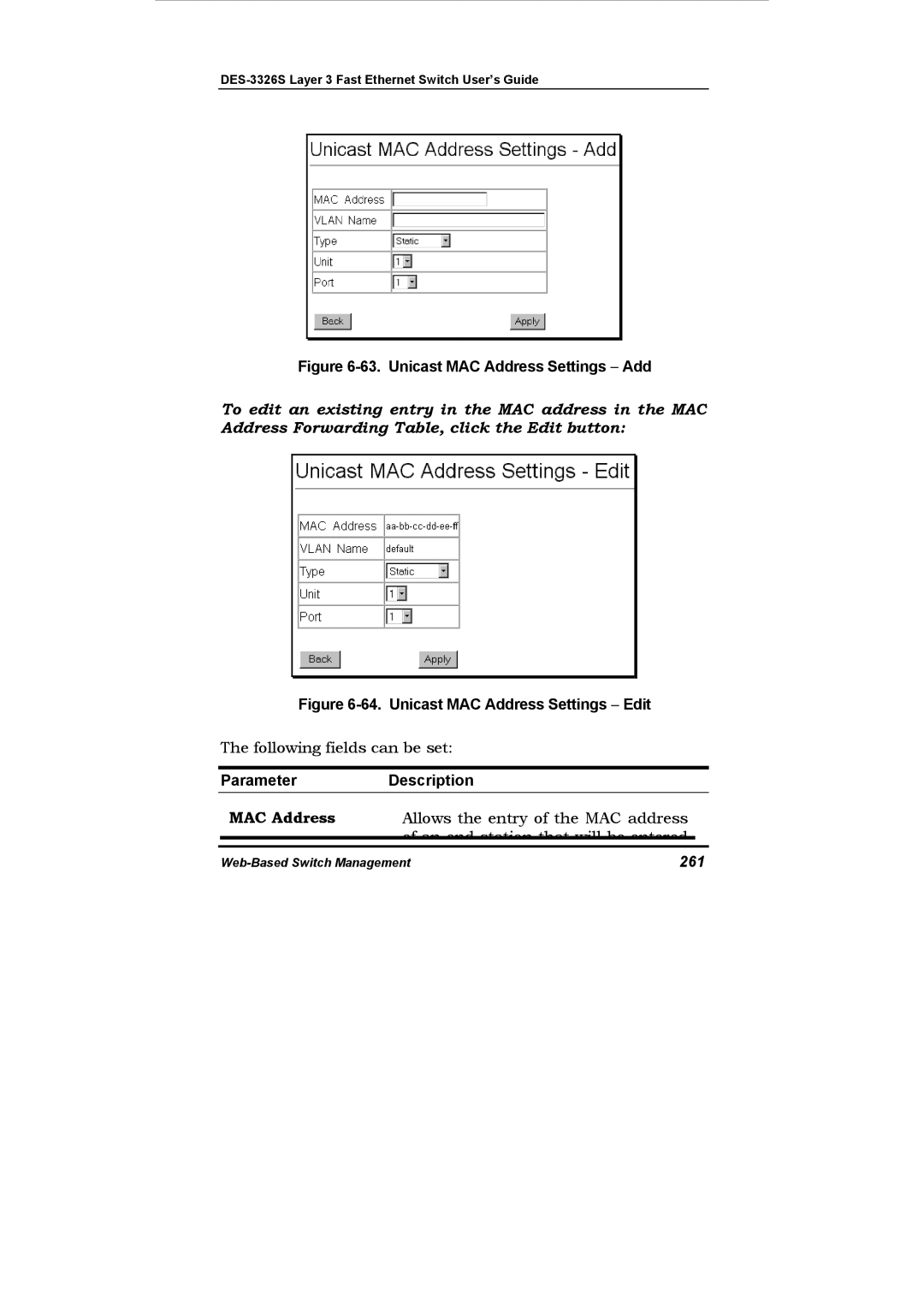 D-Link DES-3326S manual Unicast MAC Address Settings − Add, 261 