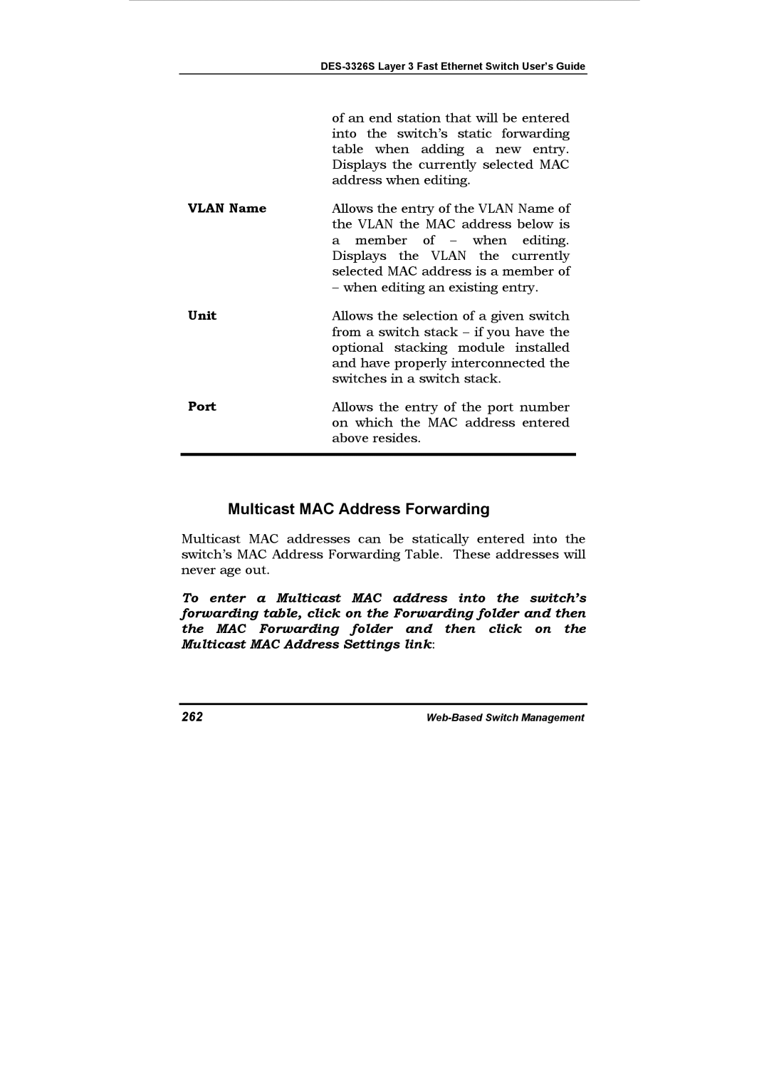 D-Link DES-3326S manual Multicast MAC Address Forwarding, Unit, 262 
