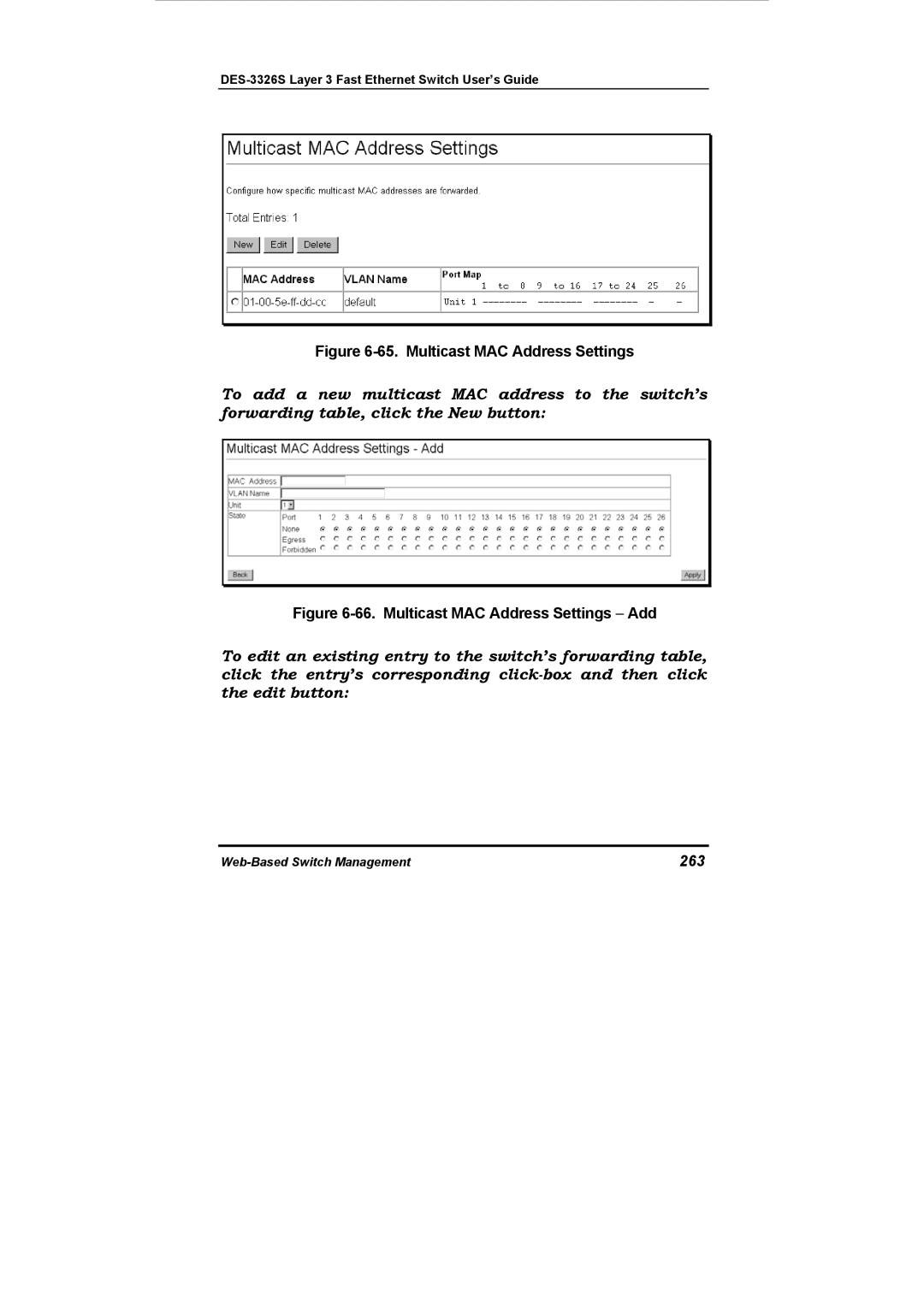 D-Link DES-3326S manual Multicast MAC Address Settings, 263 