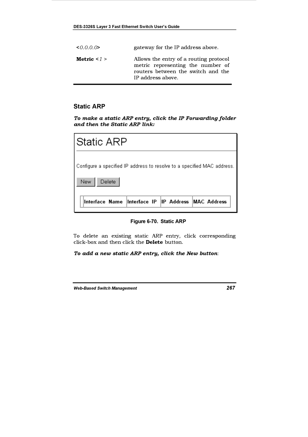 D-Link DES-3326S manual Static ARP, To add a new static ARP entry, click the New button, 267 