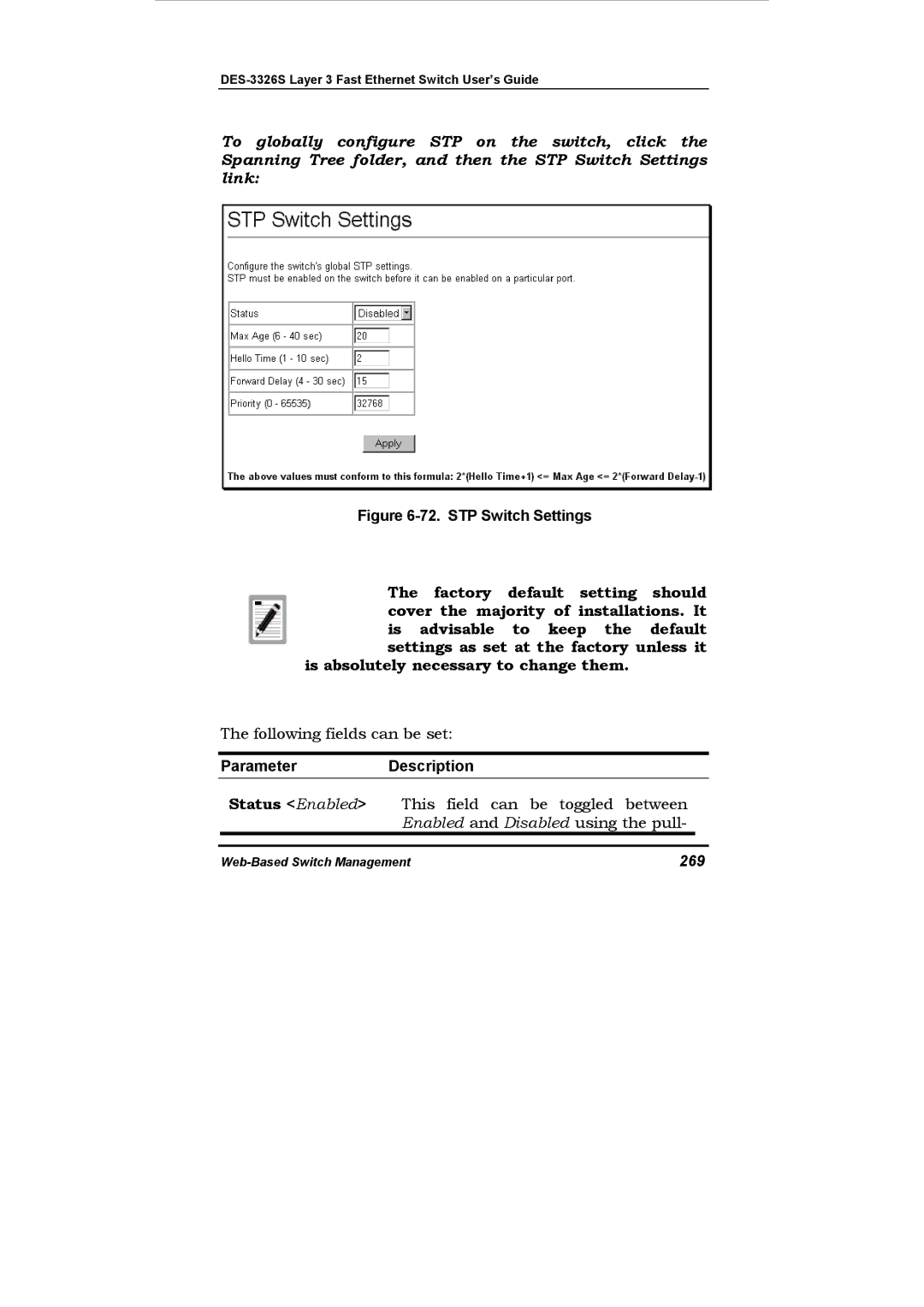 D-Link DES-3326S manual STP Switch Settings, 269 