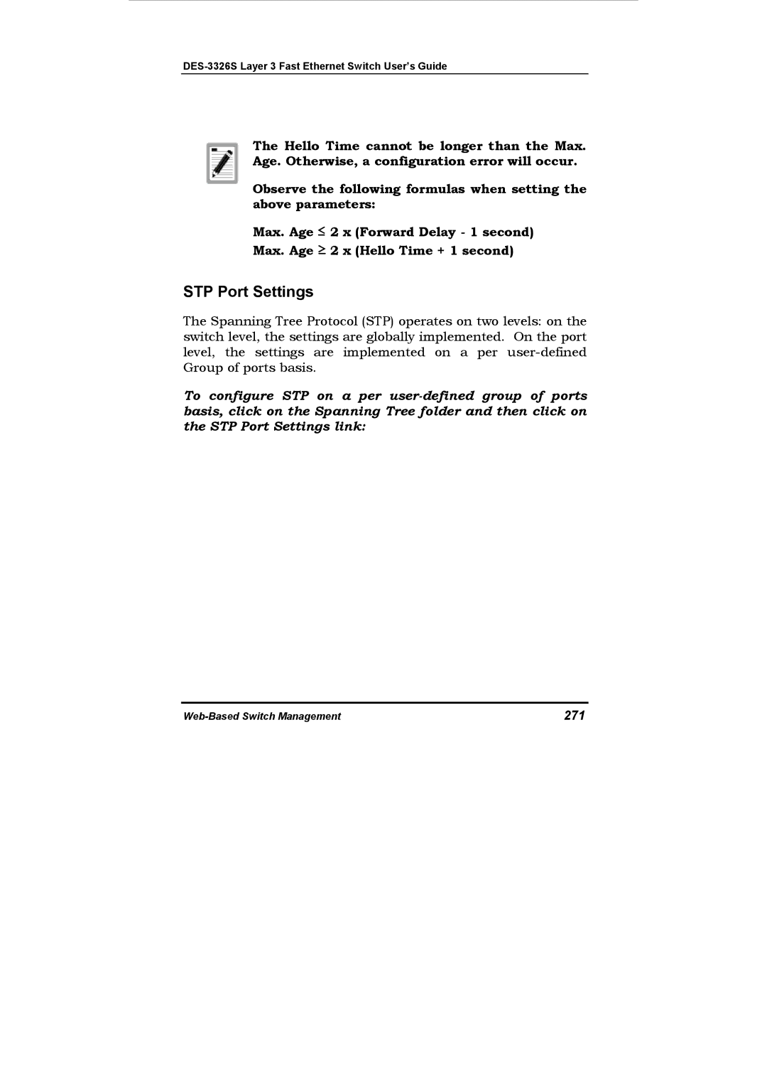 D-Link DES-3326S manual STP Port Settings, 271 