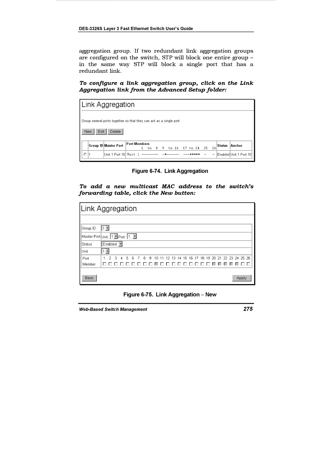 D-Link DES-3326S manual Link Aggregation, 275 