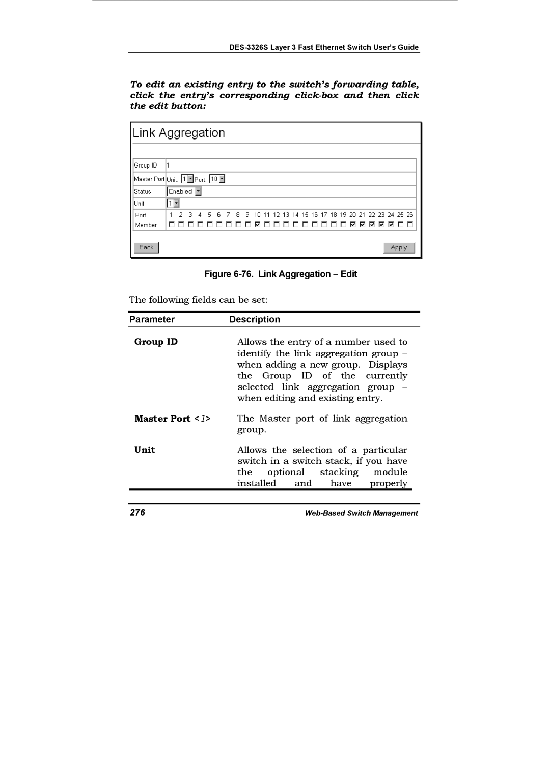 D-Link DES-3326S manual Following fields can be set, 276 