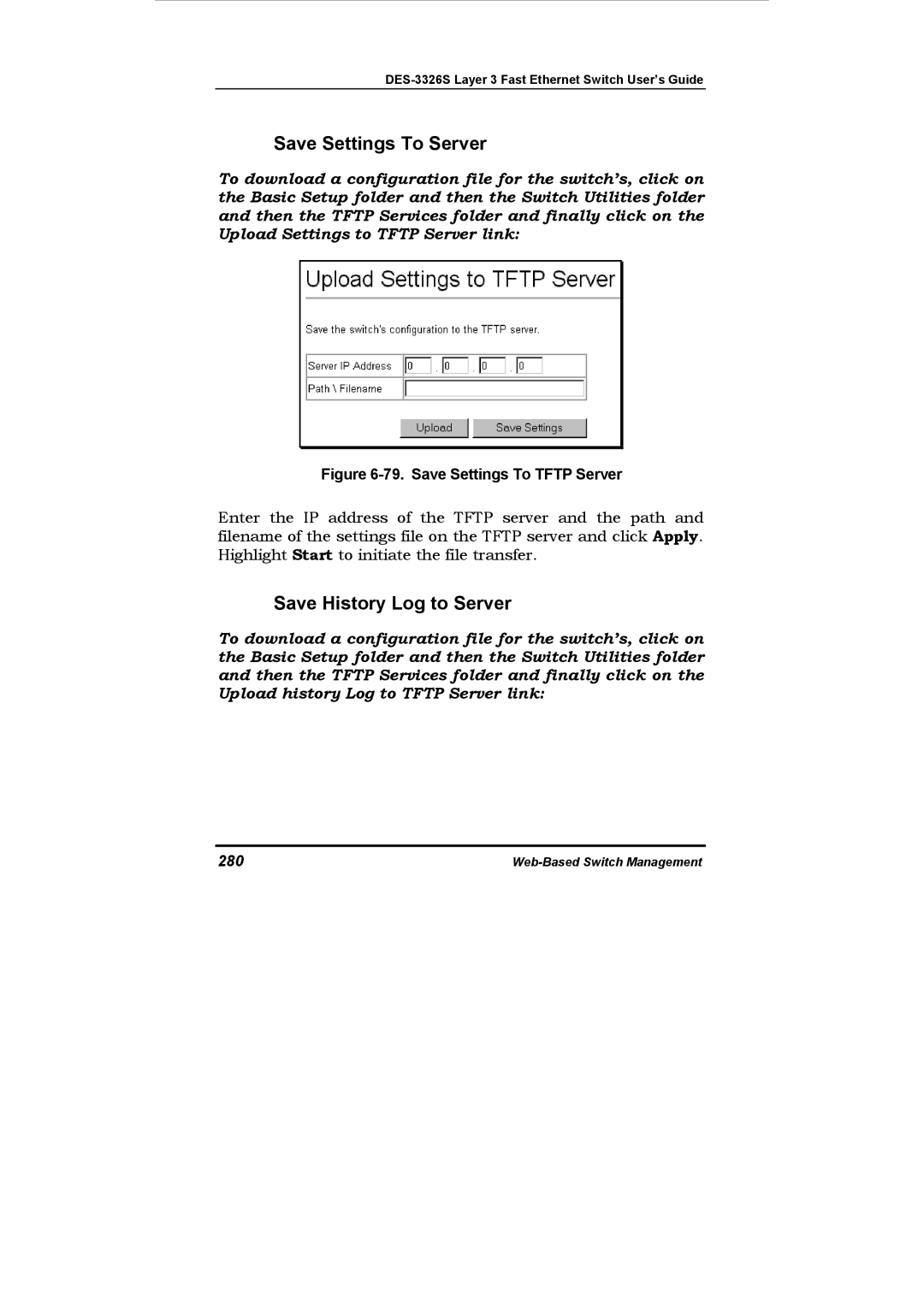 D-Link DES-3326S manual Save Settings To Server, Save History Log to Server, 280 