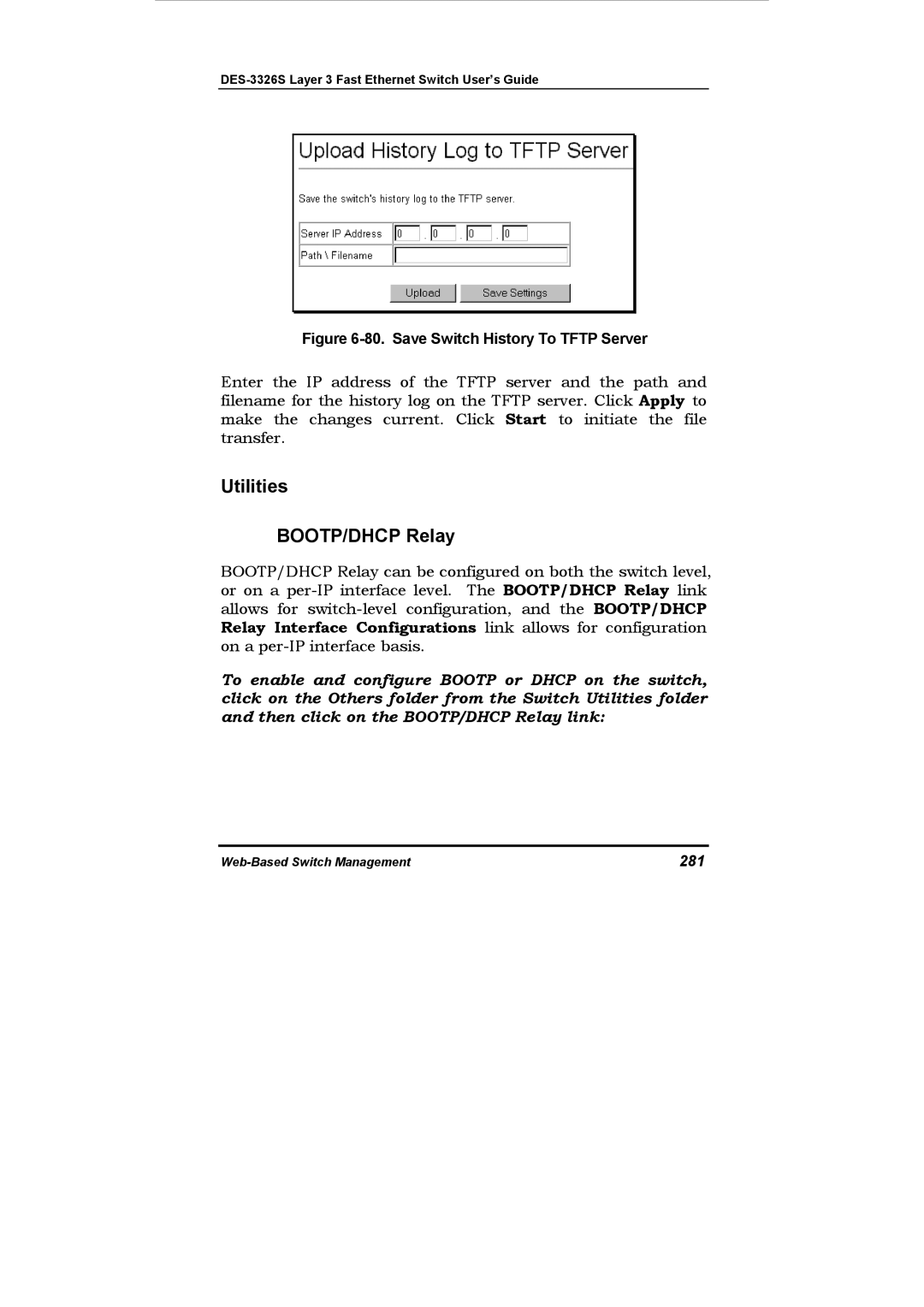 D-Link DES-3326S manual Utilities BOOTP/DHCP Relay, 281 