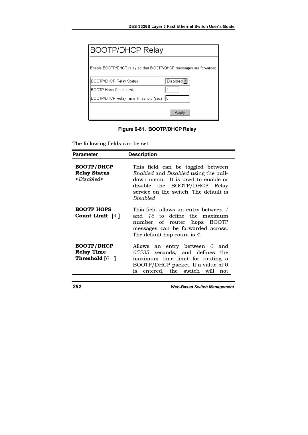 D-Link DES-3326S manual Relay Status, Bootp Hops Count Limit, Relay Time Threshold, 282 