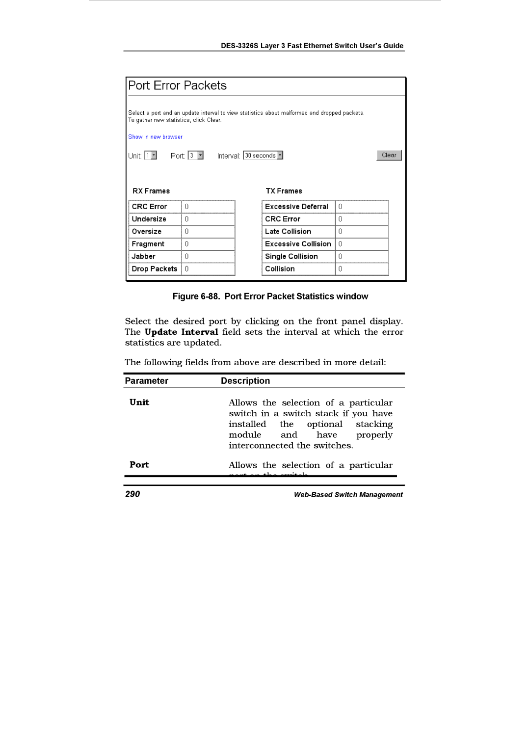 D-Link DES-3326S manual Port Error Packet Statistics window, 290 