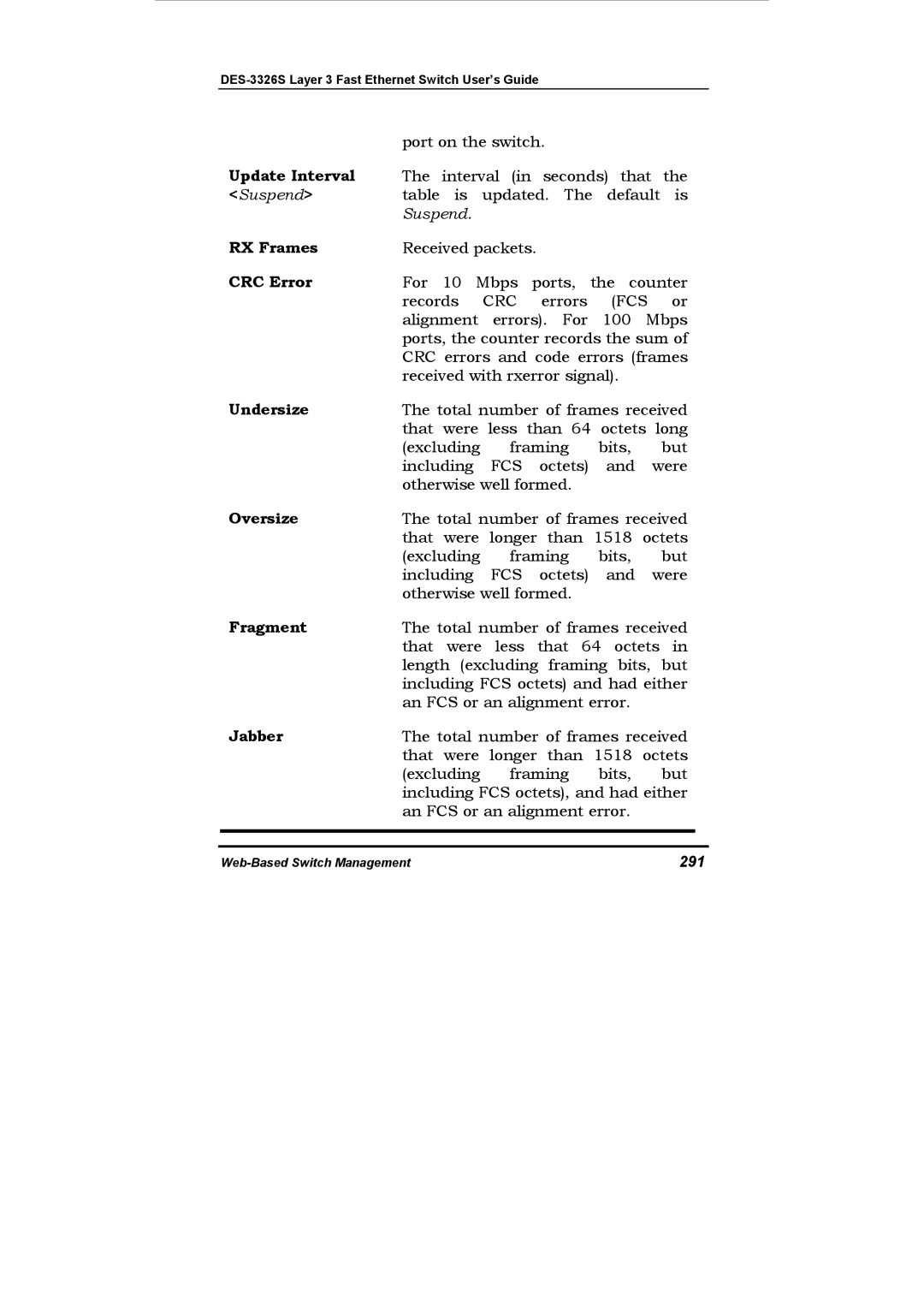 D-Link DES-3326S manual Update Interval, RX Frames, CRC Error, Undersize, Oversize, Fragment, Jabber 