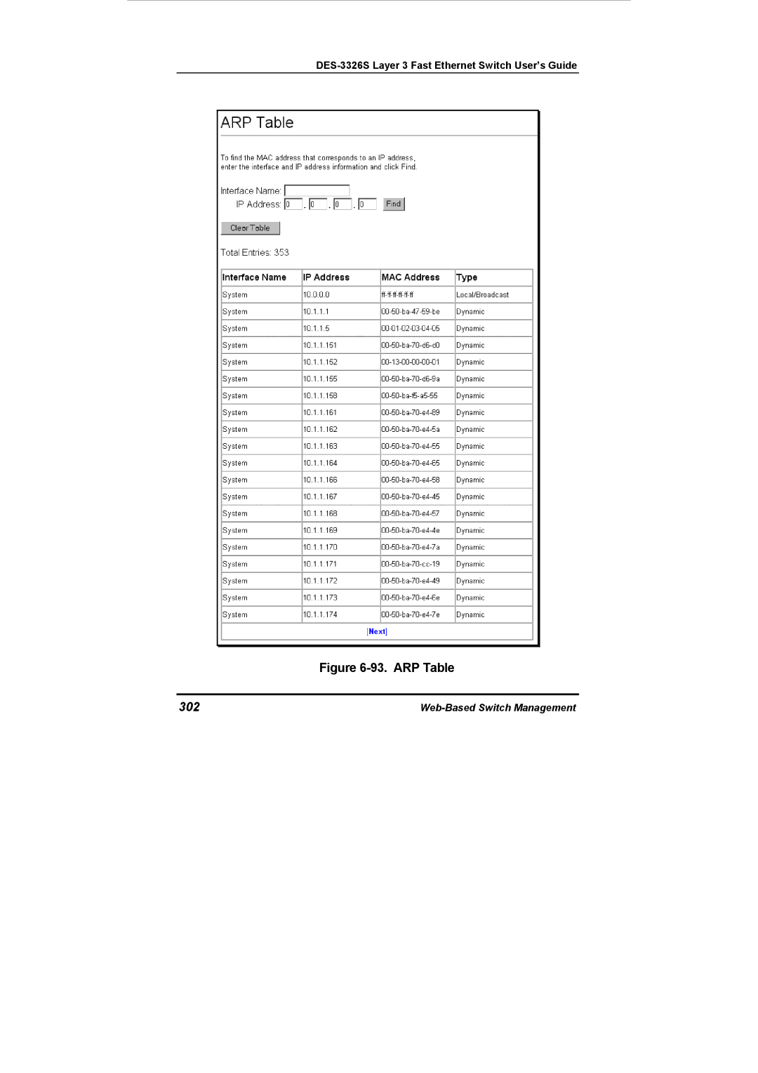 D-Link DES-3326S manual ARP Table, 302 