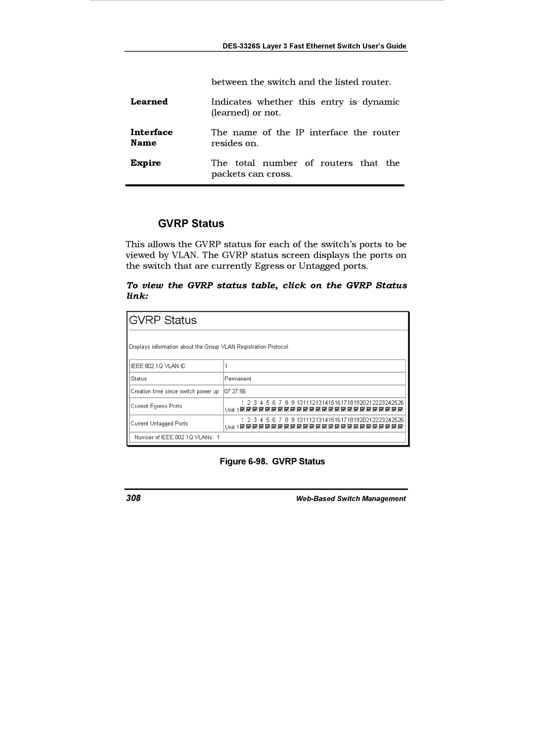 D-Link DES-3326S manual Gvrp Status, Learned, Name, Expire, 308 