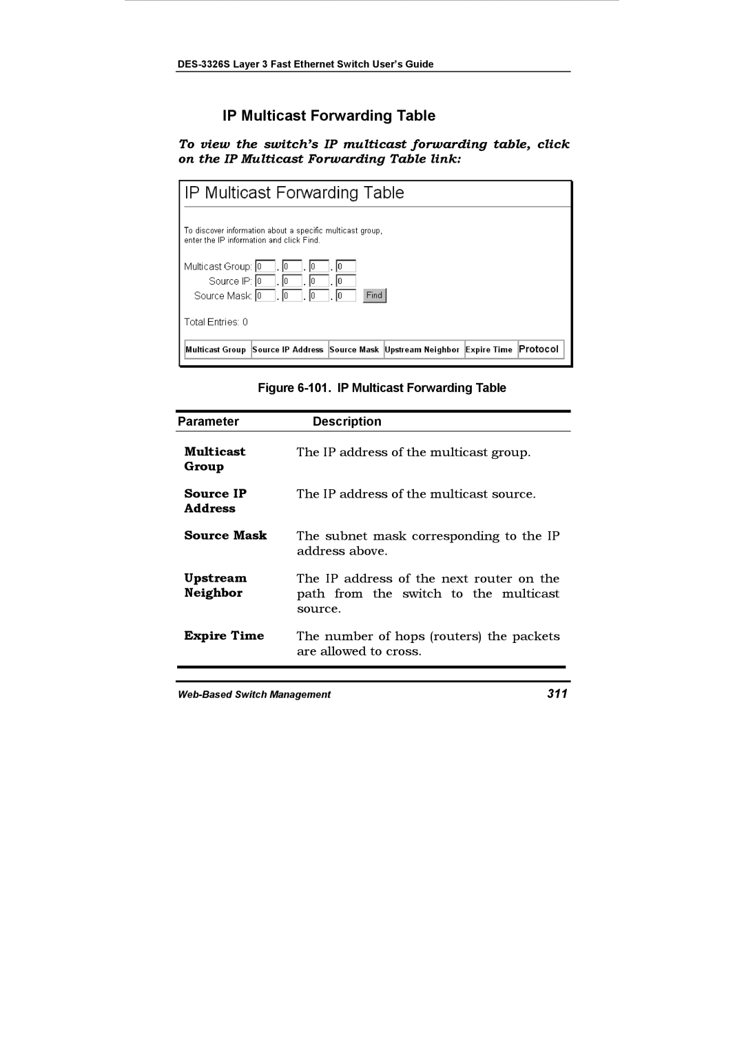 D-Link DES-3326S manual IP Multicast Forwarding Table, 311 