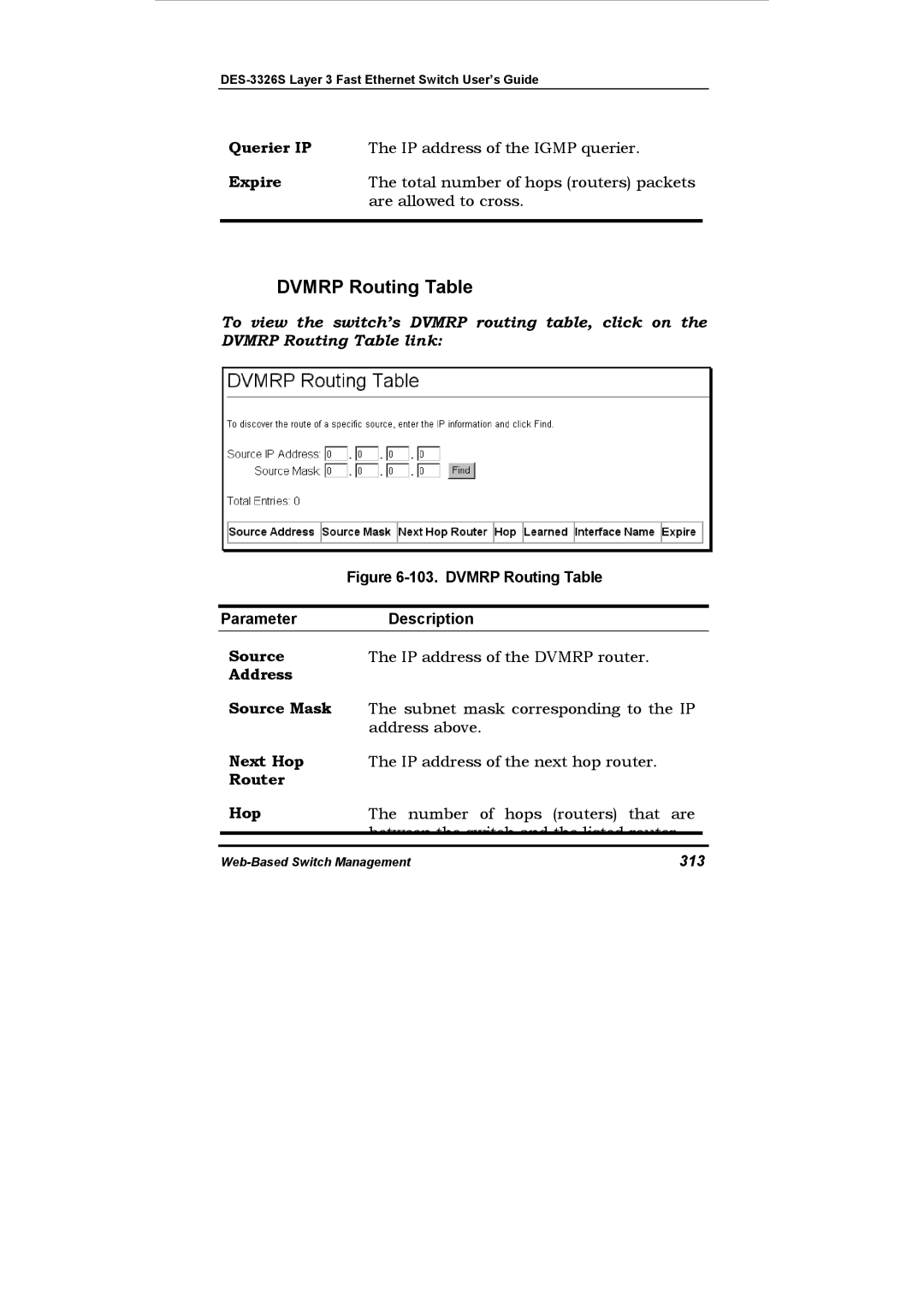 D-Link DES-3326S manual Dvmrp Routing Table, Querier IP, 313 