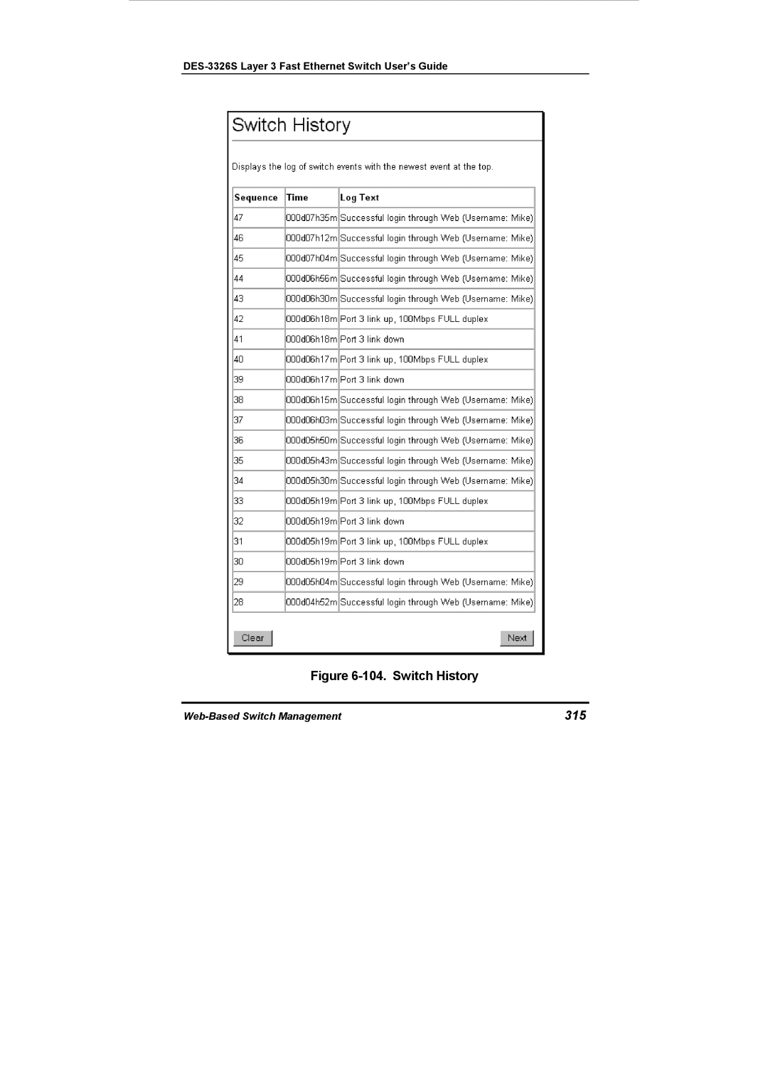 D-Link DES-3326S manual Switch History, 315 