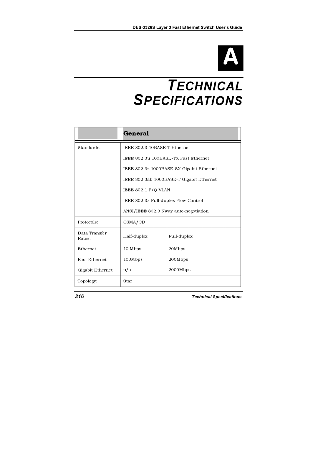 D-Link DES-3326S manual Technical Specifications, 316 