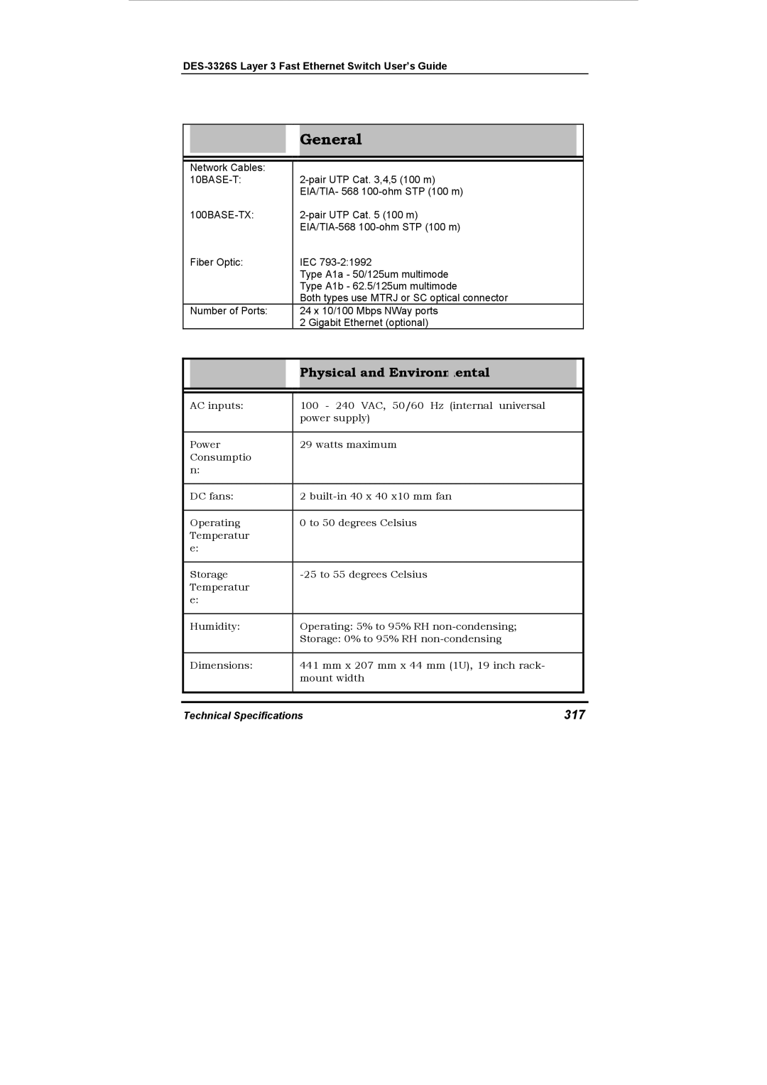 D-Link DES-3326S manual Physical and Environmental, 317 