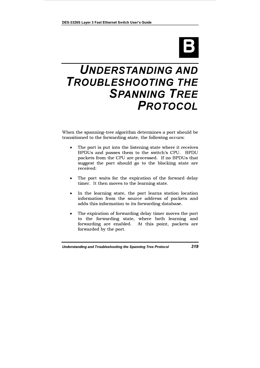 D-Link DES-3326S manual Understanding Troubleshooting Spanning Tree Protocol, 319 