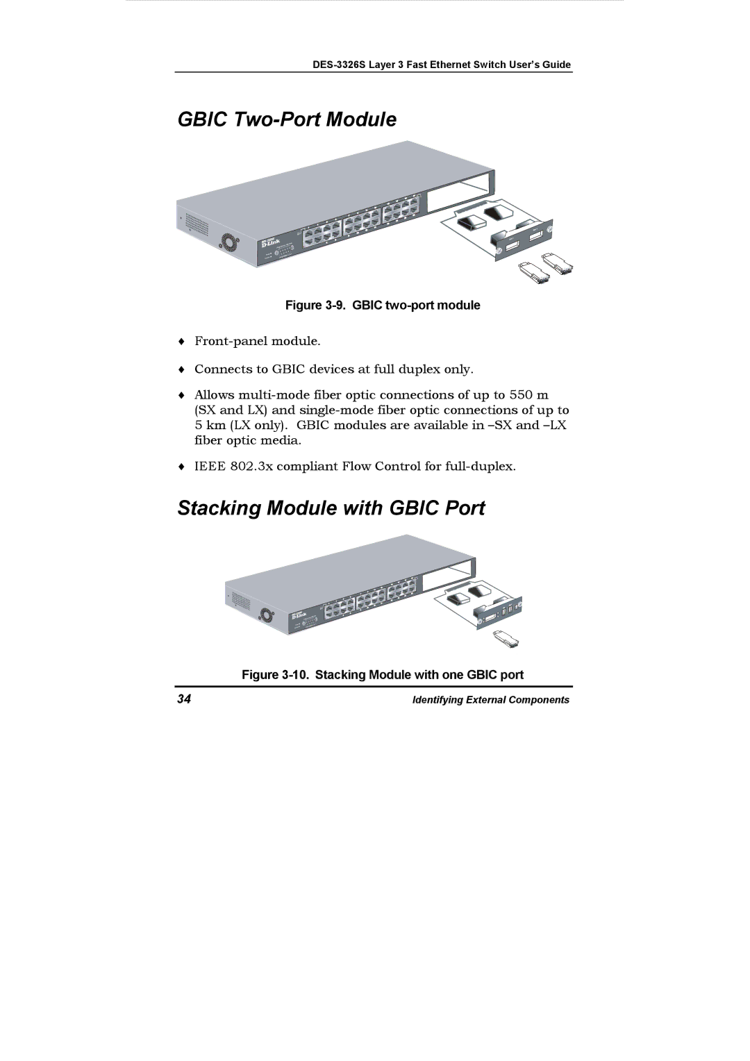 D-Link DES-3326S manual Gbic Two-Port Module, Stacking Module with Gbic Port 