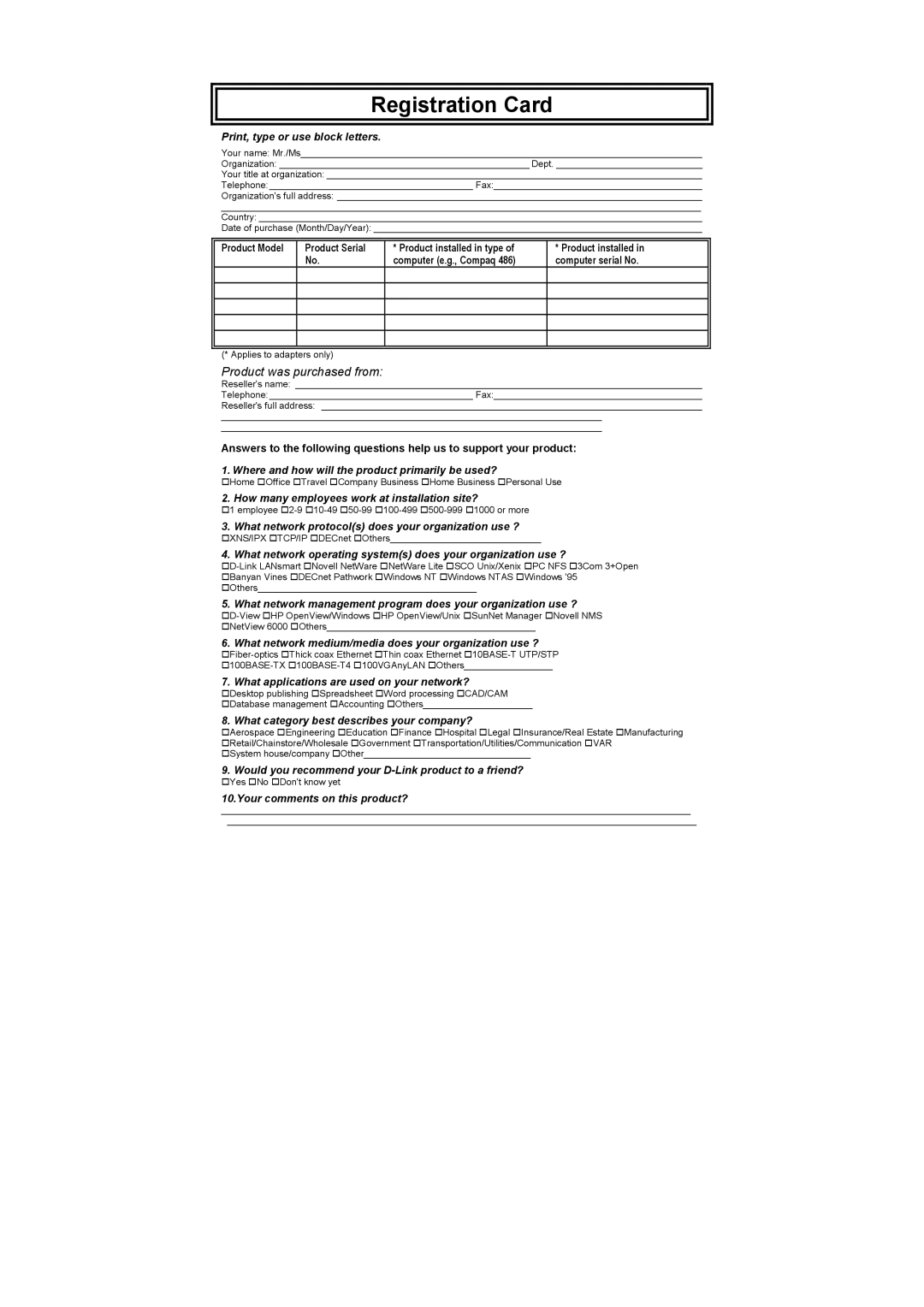 D-Link DES-3326S manual Registration Card 