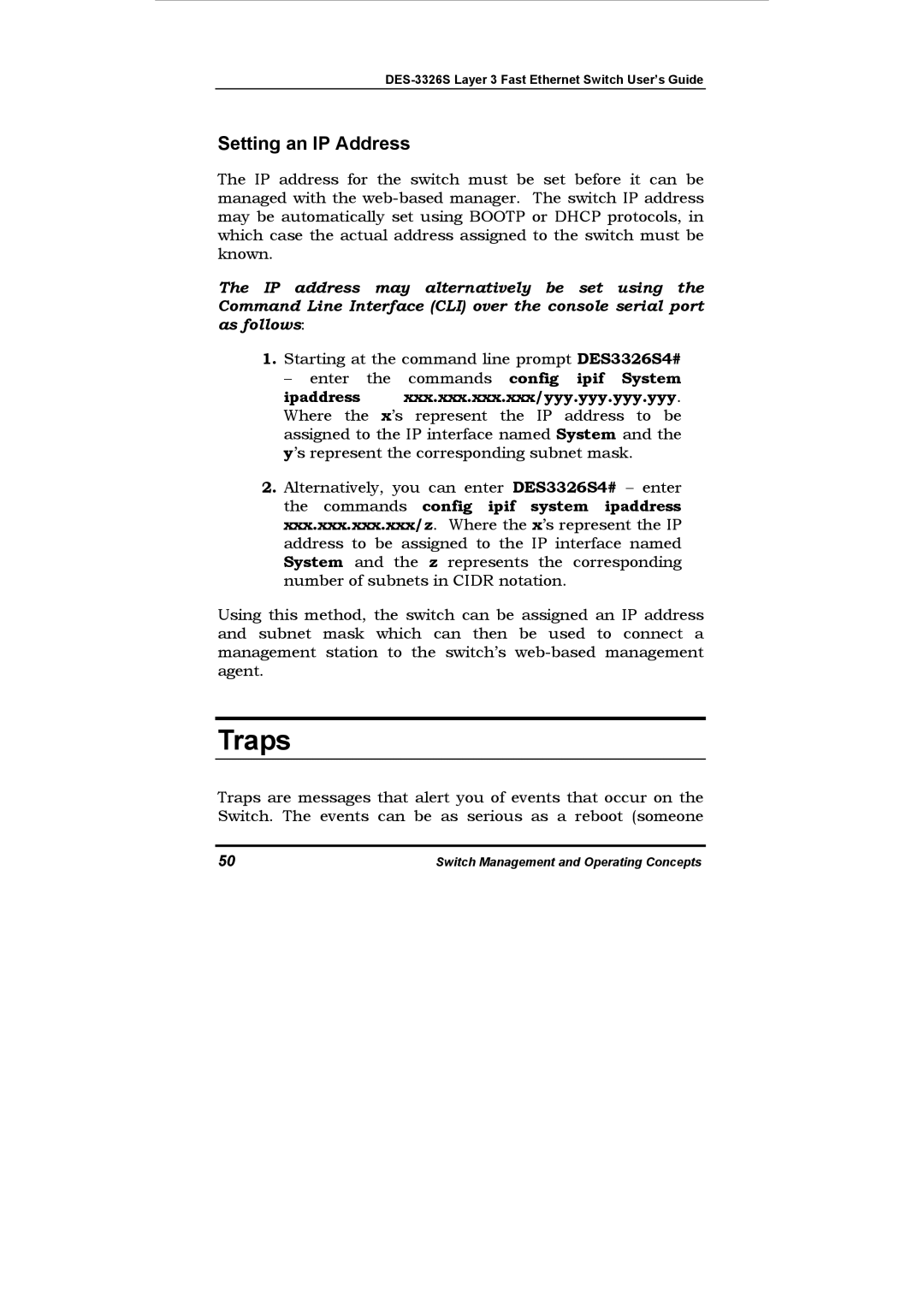 D-Link DES-3326S manual Traps, Setting an IP Address 