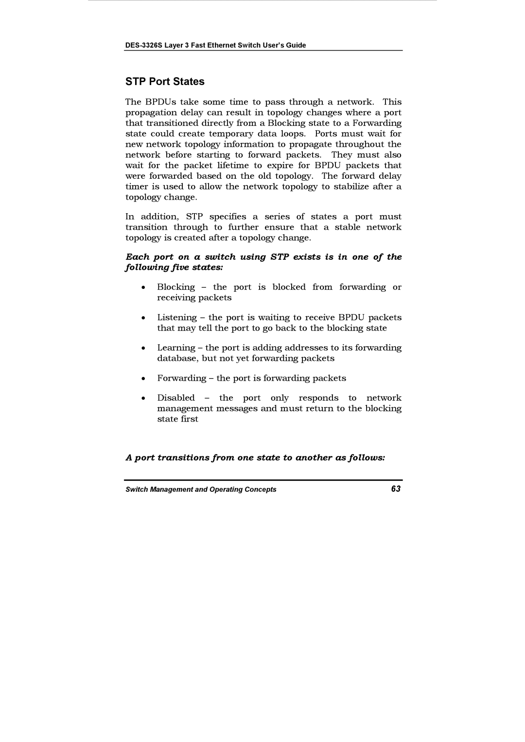 D-Link DES-3326S manual STP Port States, Port transitions from one state to another as follows 