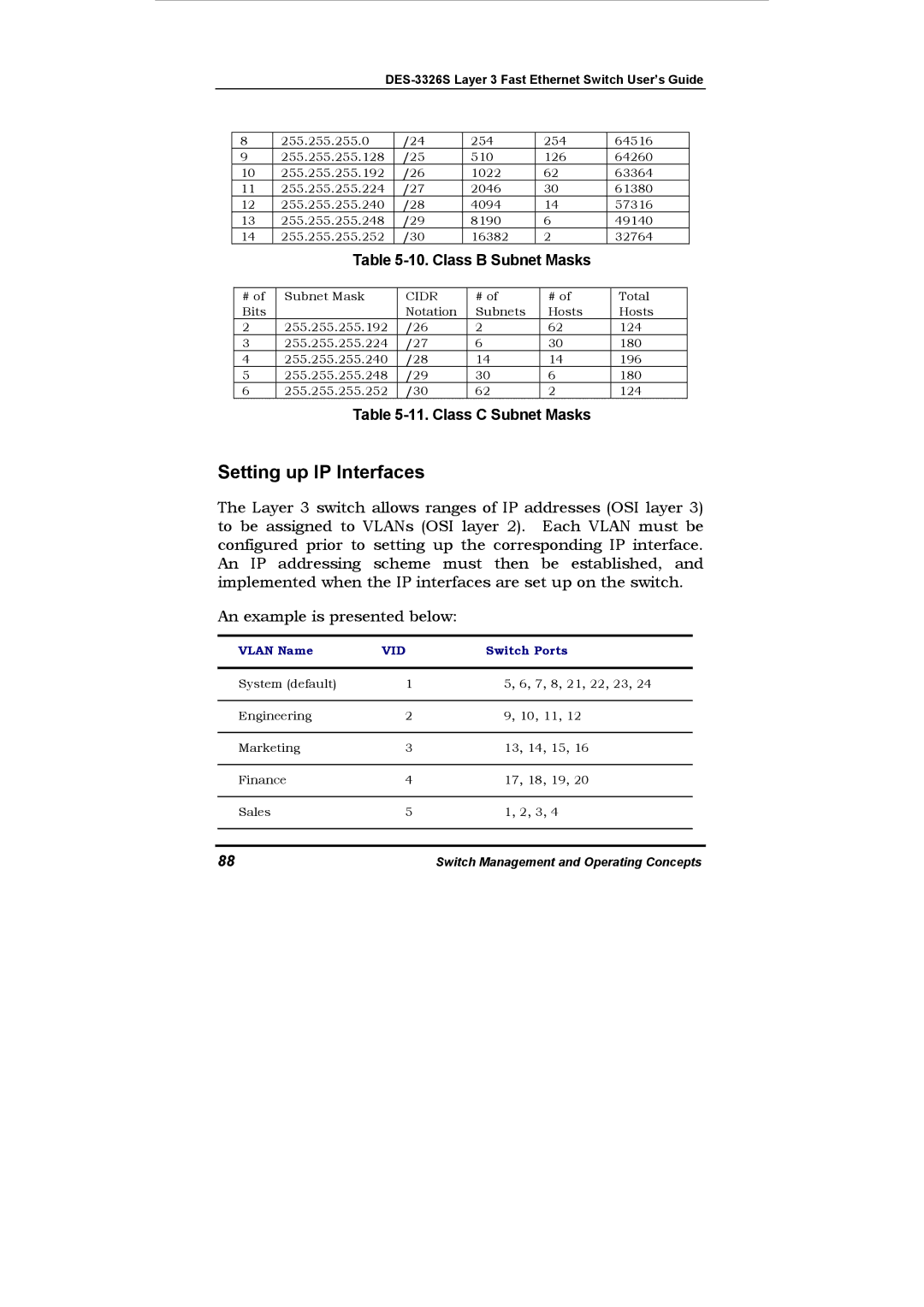 D-Link DES-3326S manual Setting up IP Interfaces, Class B Subnet Masks 