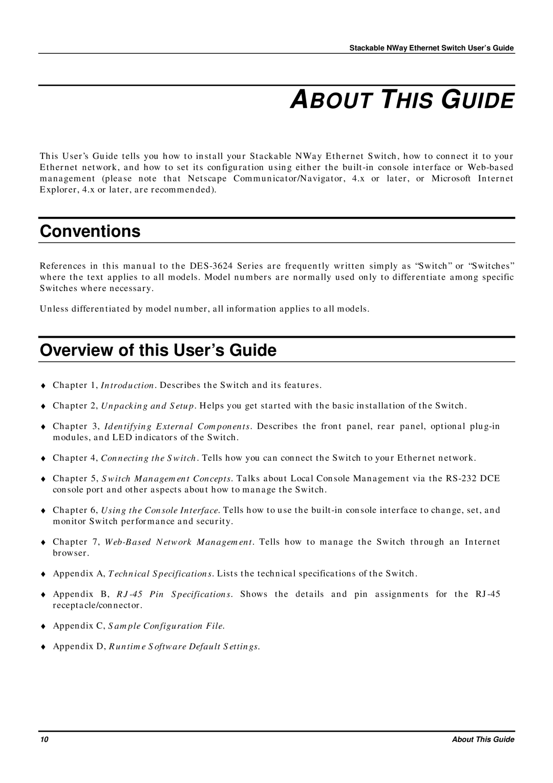 D-Link DES-3624 manual About this Guide, Conventions, Overview of this User’s Guide 