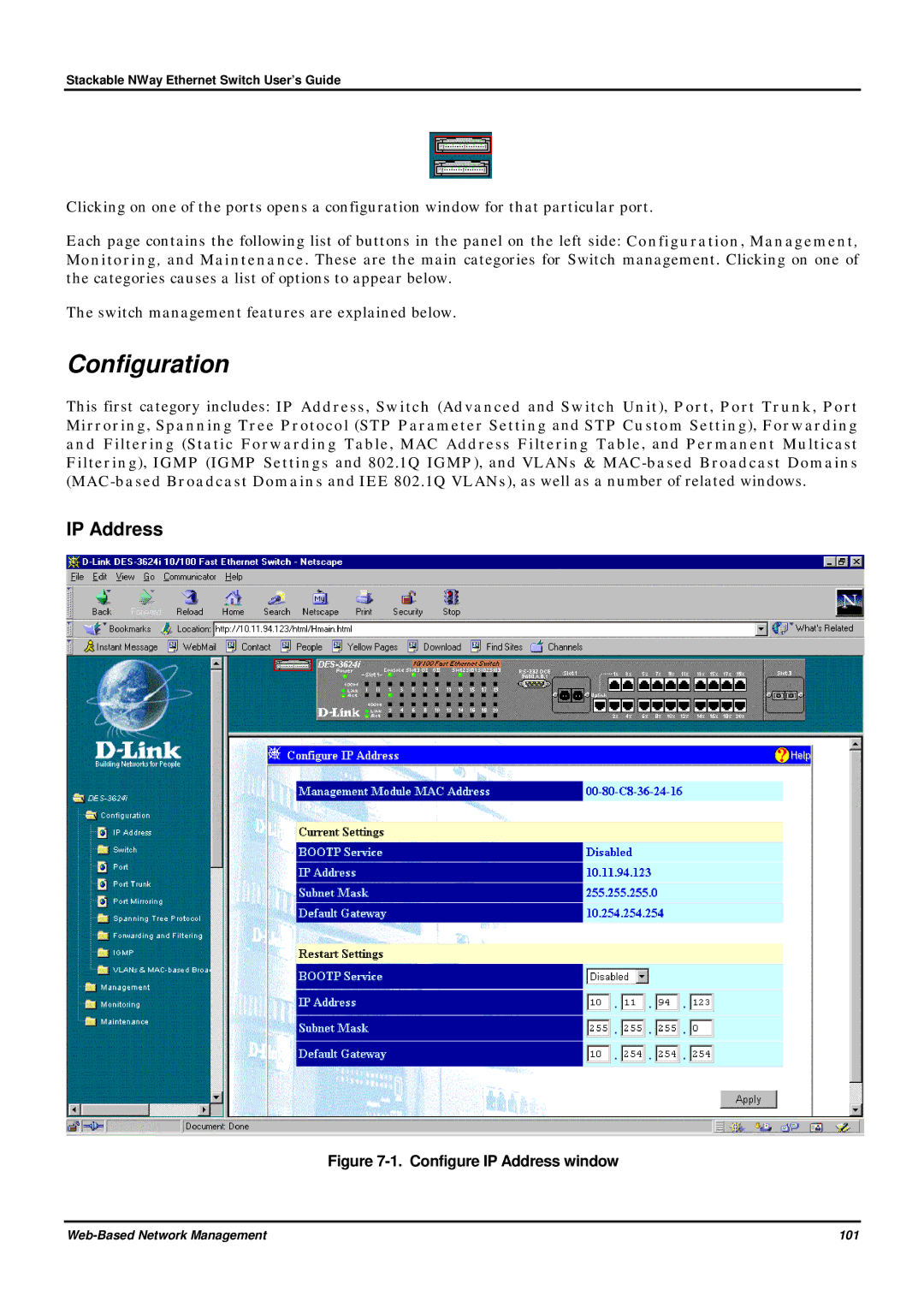 D-Link DES-3624 manual Configuration, IP Address 