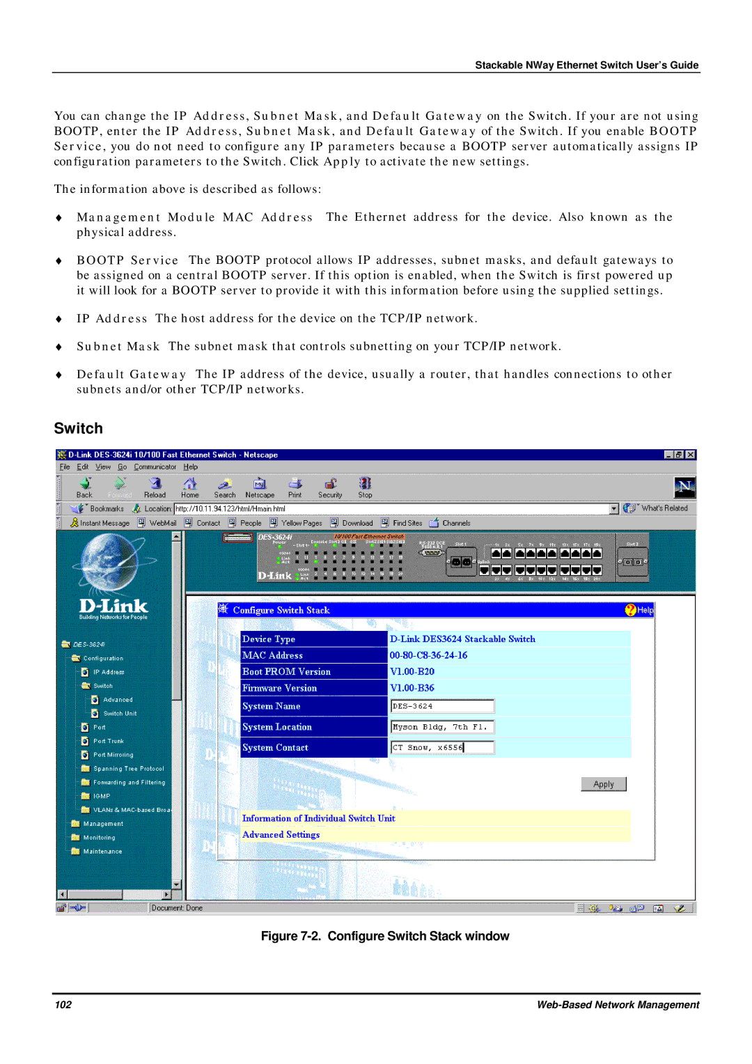 D-Link DES-3624 manual Configure Switch Stack window 