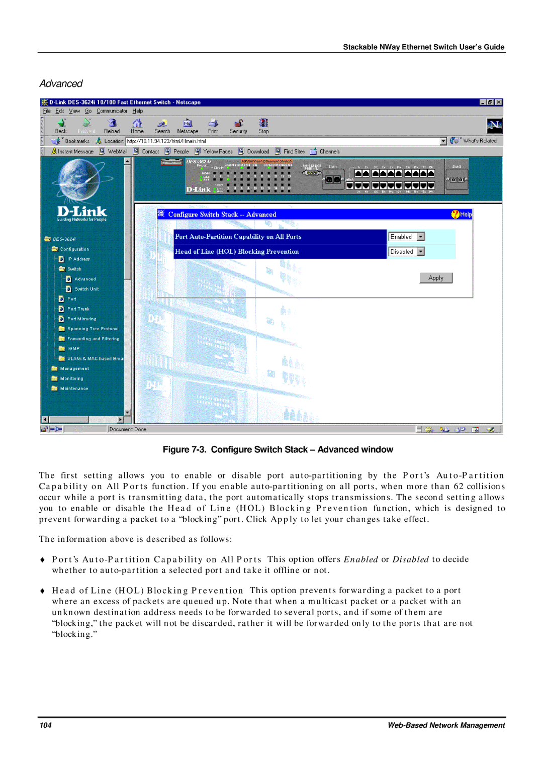 D-Link DES-3624 manual Configure Switch Stack Advanced window 