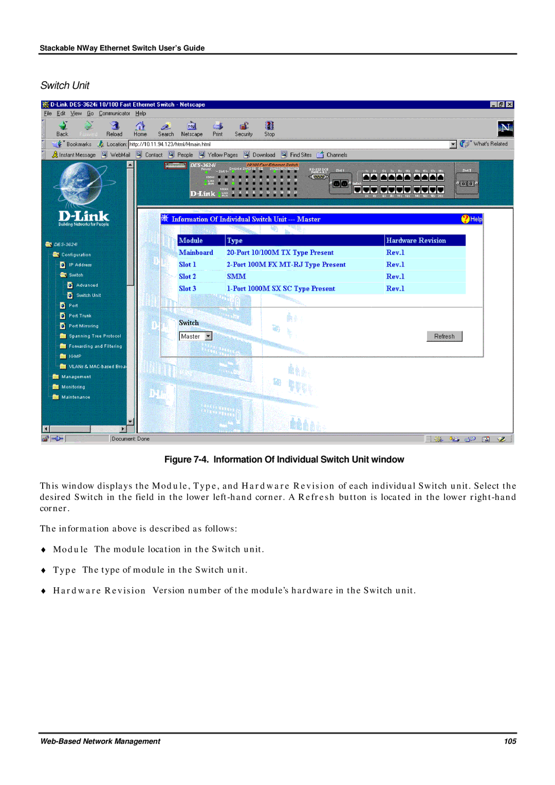 D-Link DES-3624 manual Information Of Individual Switch Unit window 