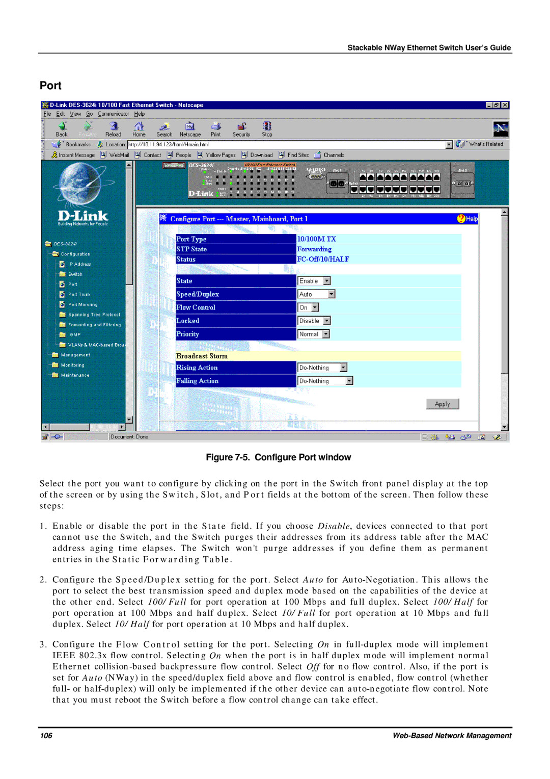 D-Link DES-3624 manual Configure Port window 