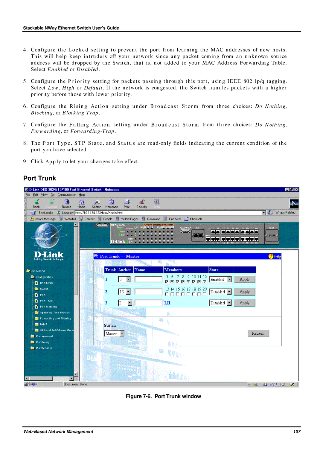 D-Link DES-3624 manual Port Trunk window 