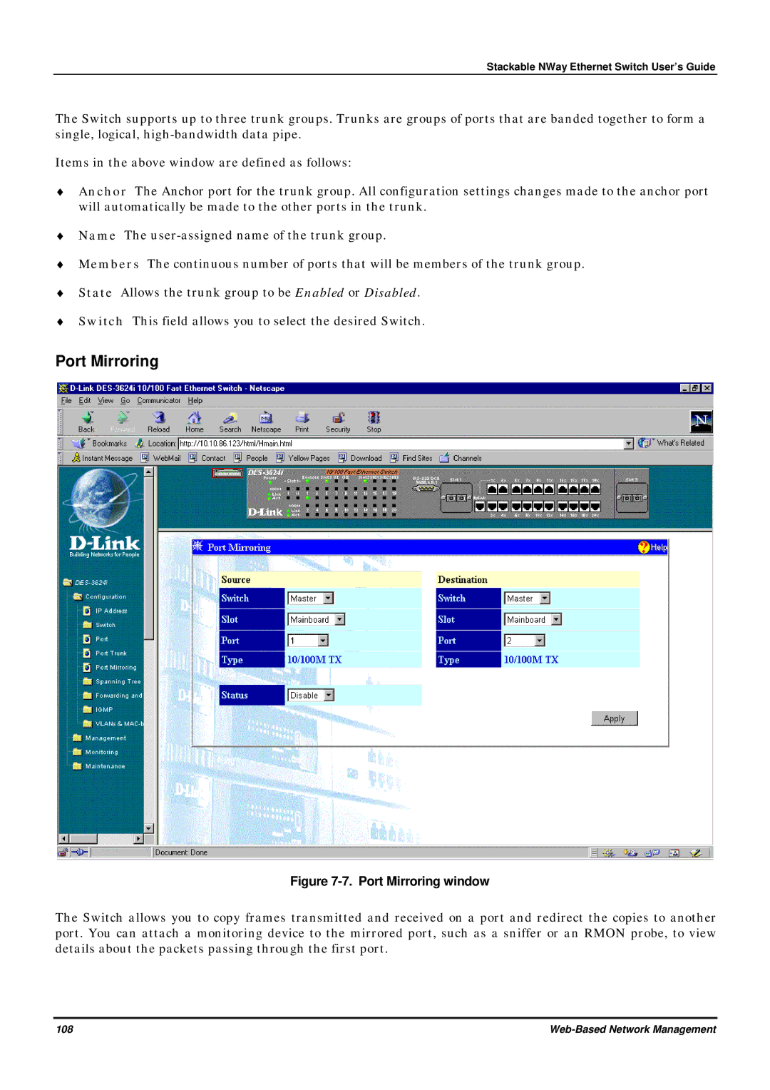 D-Link DES-3624 manual Port Mirroring window 