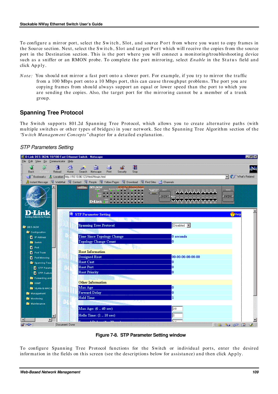 D-Link DES-3624 manual Spanning Tree Protocol, STP Parameters Setting 