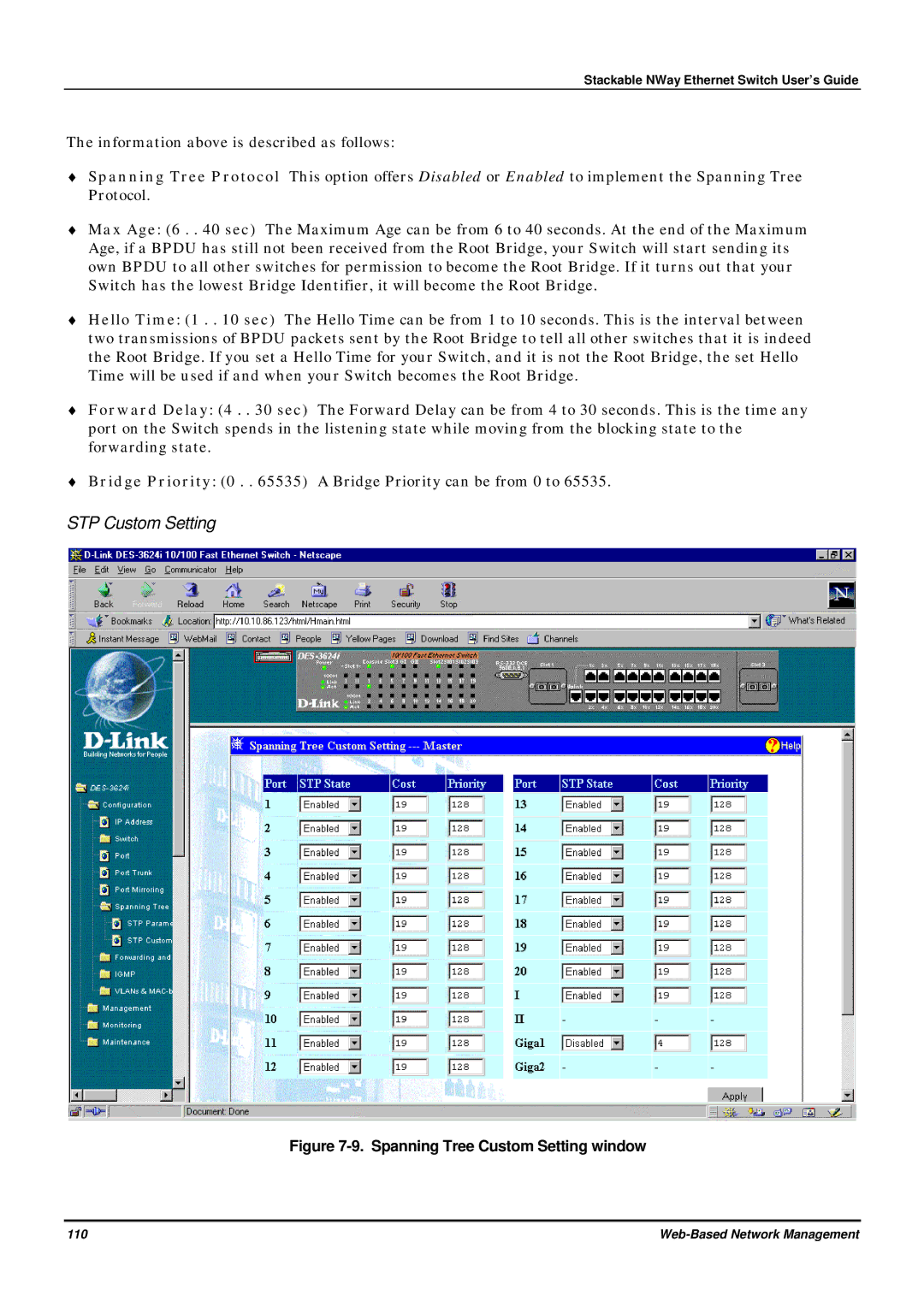 D-Link DES-3624 manual STP Custom Setting, Spanning Tree Custom Setting window 