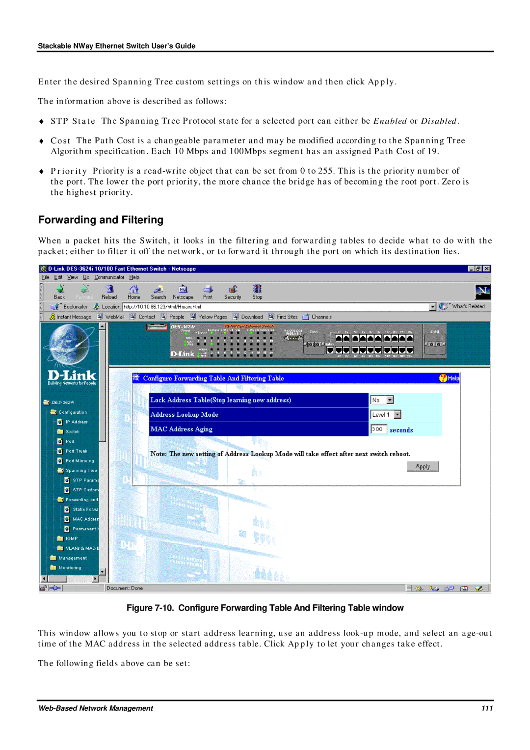 D-Link DES-3624 manual Forwarding and Filtering, Configure Forwarding Table And Filtering Table window 