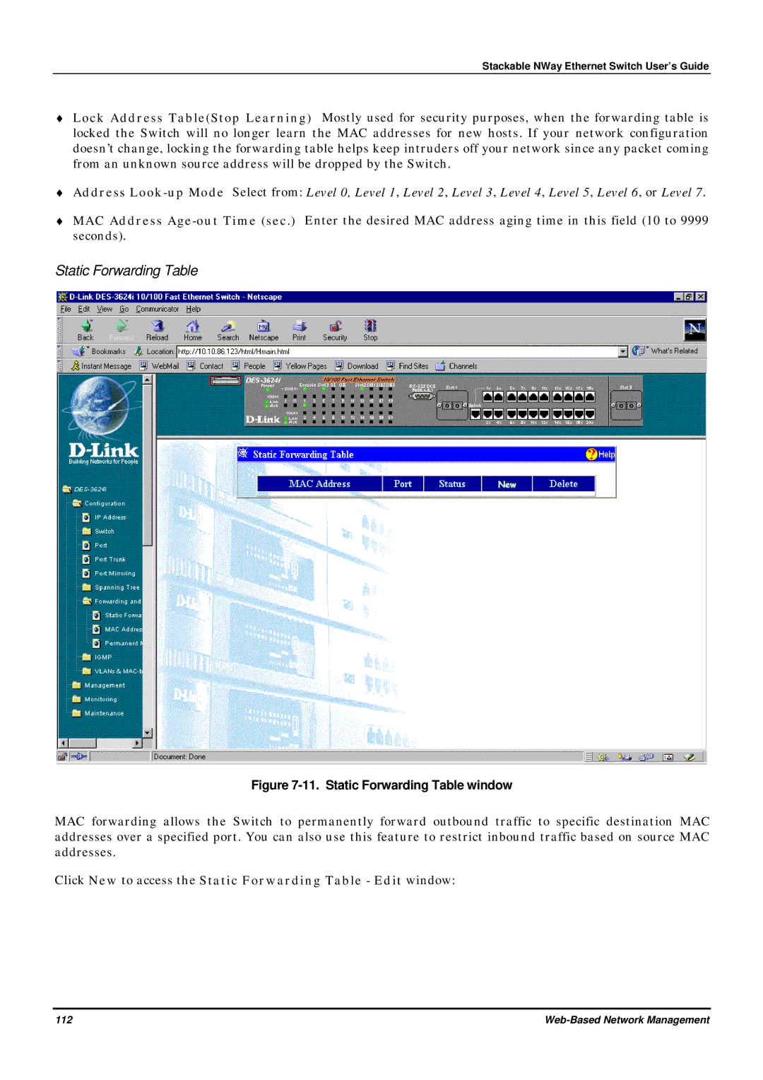 D-Link DES-3624 manual Click New to access the Static Forwarding Table Edit window 