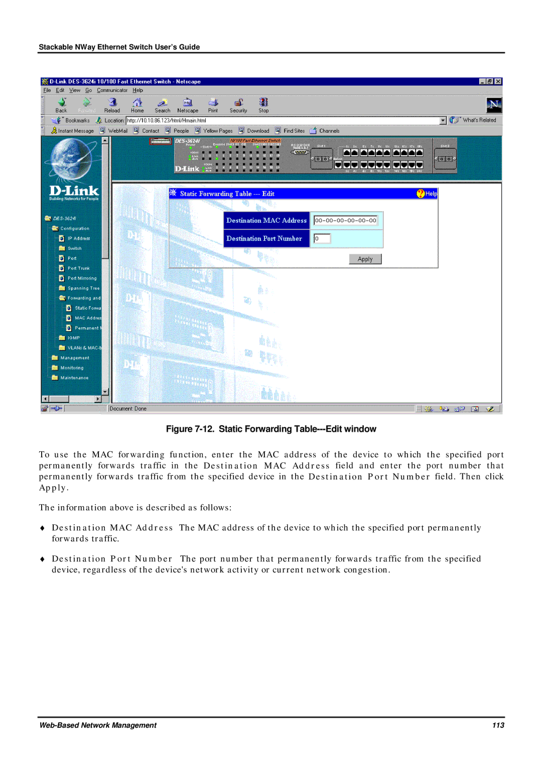 D-Link DES-3624 manual Static Forwarding Table---Edit window 