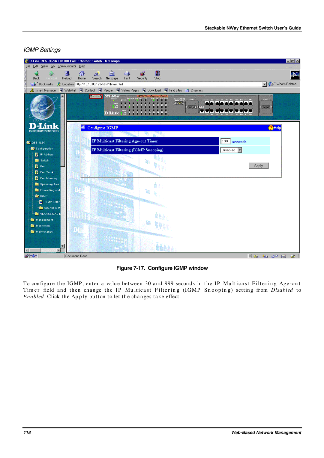 D-Link DES-3624 manual Igmp Settings, Configure Igmp window 